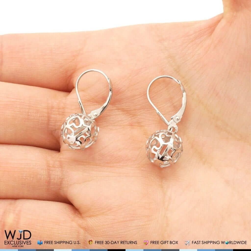 14K White Gold Hollow Heart Carved Ball Dangle Lever Back Earrings