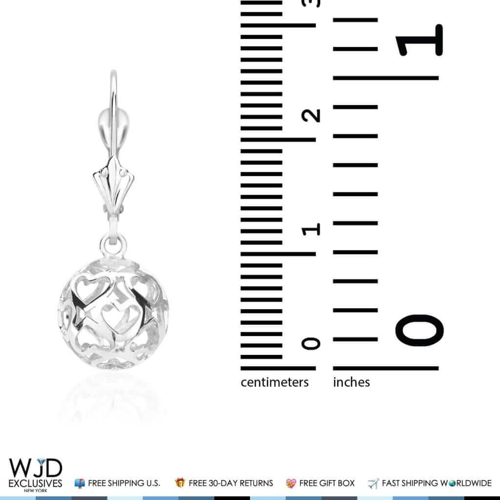 14K White Gold Hollow Heart Carved Ball Dangle Lever Back Earrings