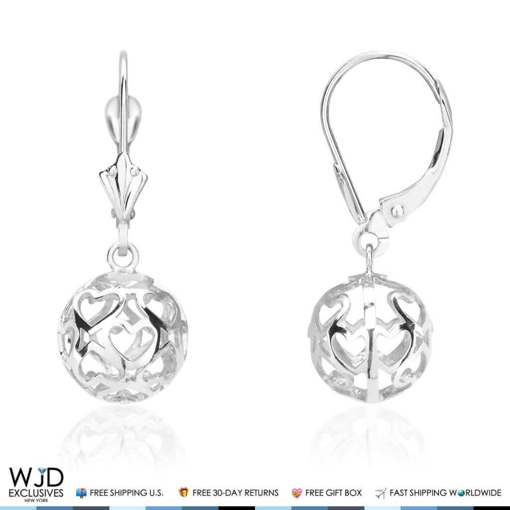 14K White Gold Hollow Heart Carved Ball Dangle Lever Back Earrings