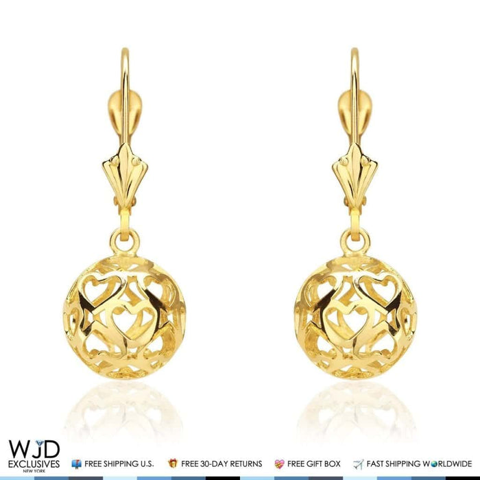 14K Yellow Gold Heart Carved Ball Dangle Lever Back Earrings