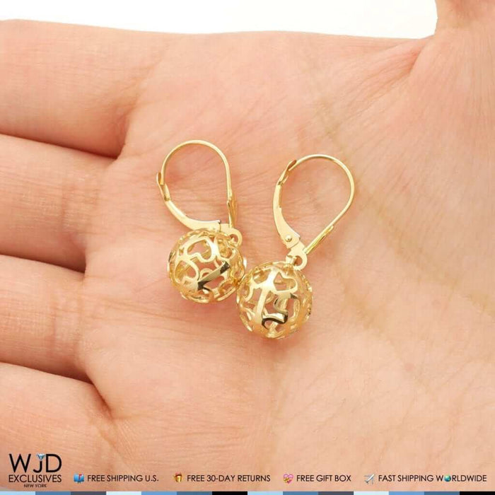 14K Yellow Gold Heart Carved Ball Dangle Lever Back Earrings