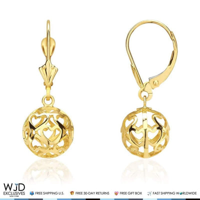 14K Yellow Gold Heart Carved Ball Dangle Lever Back Earrings