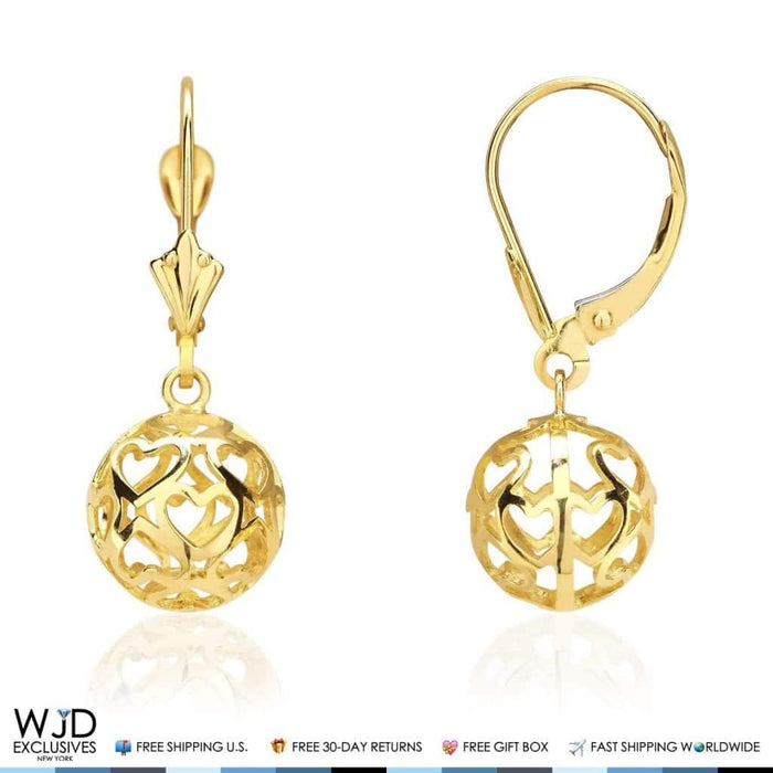 14K Yellow Gold Heart Carved Ball Dangle Lever Back Earrings