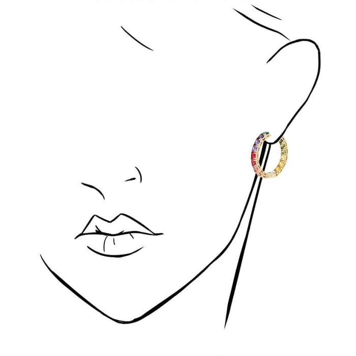 Yellow Gold Over Silver Multicolor Rainbow CZ Hoop Earrings 1.2"