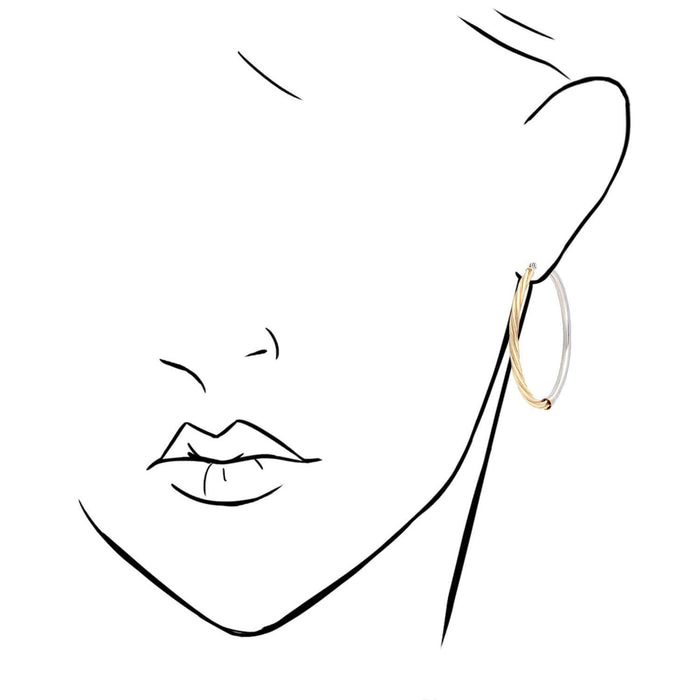 Yellow White Gold Over 925 Silver 3mm Half Shiny Half Twisted Hoop Earrings