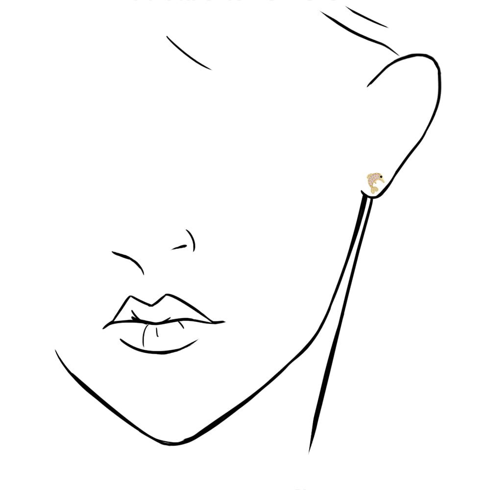 14K Real Gold CZ Birthstone White Dolphin Screw Back Earrings