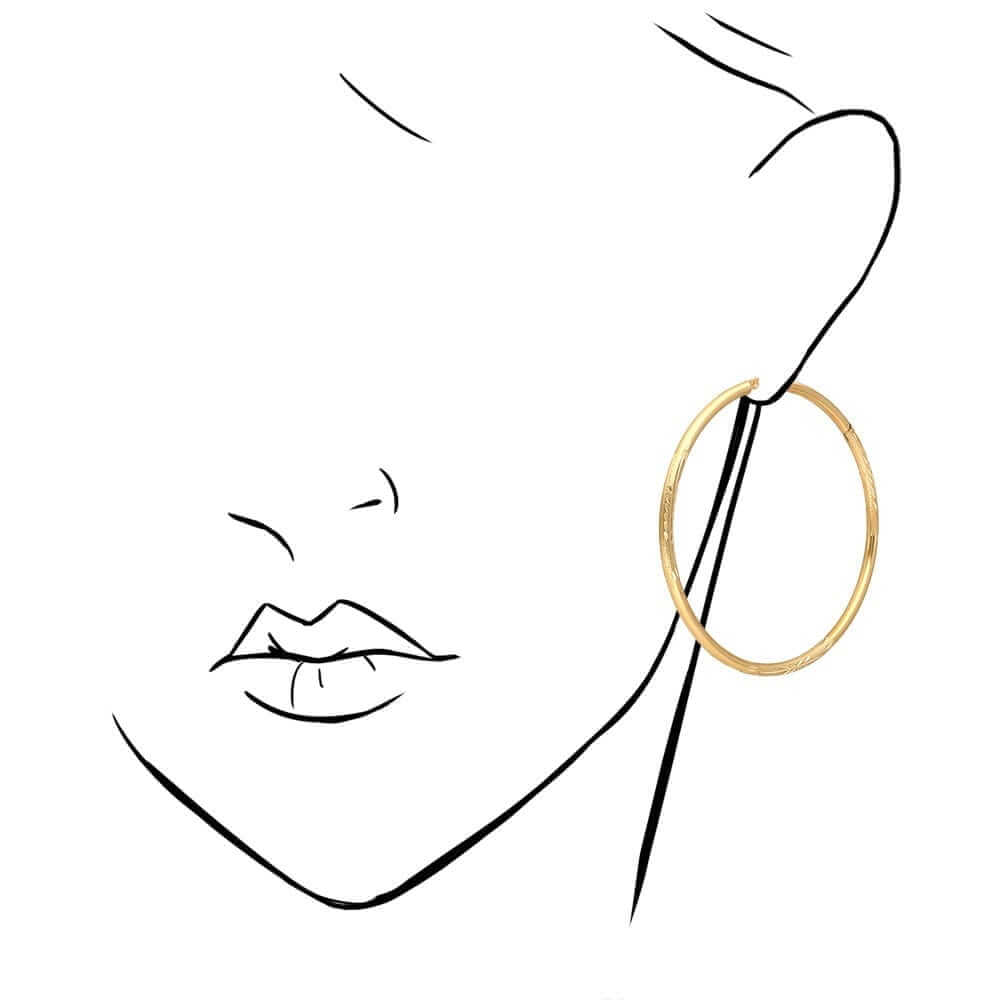 14K Solid Yellow & White Gold 3mm Diamond-Cut Finish Hoop Earrings 19-75mm