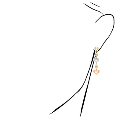 14K Gold Tri-Color Double Heart CZ Drop  Earrings 35mm