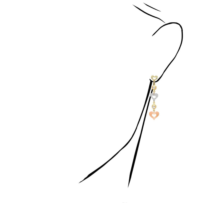 14K Gold Tri-Color Double Heart CZ Drop Earrings 35mm