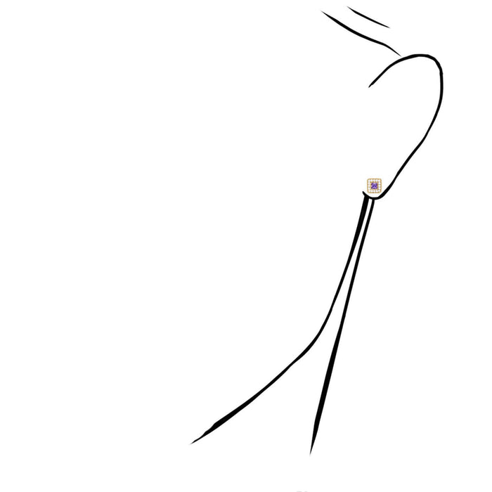 14K Yellow Gold Square Color Gemstone Screw Back Halo Stud Earrings