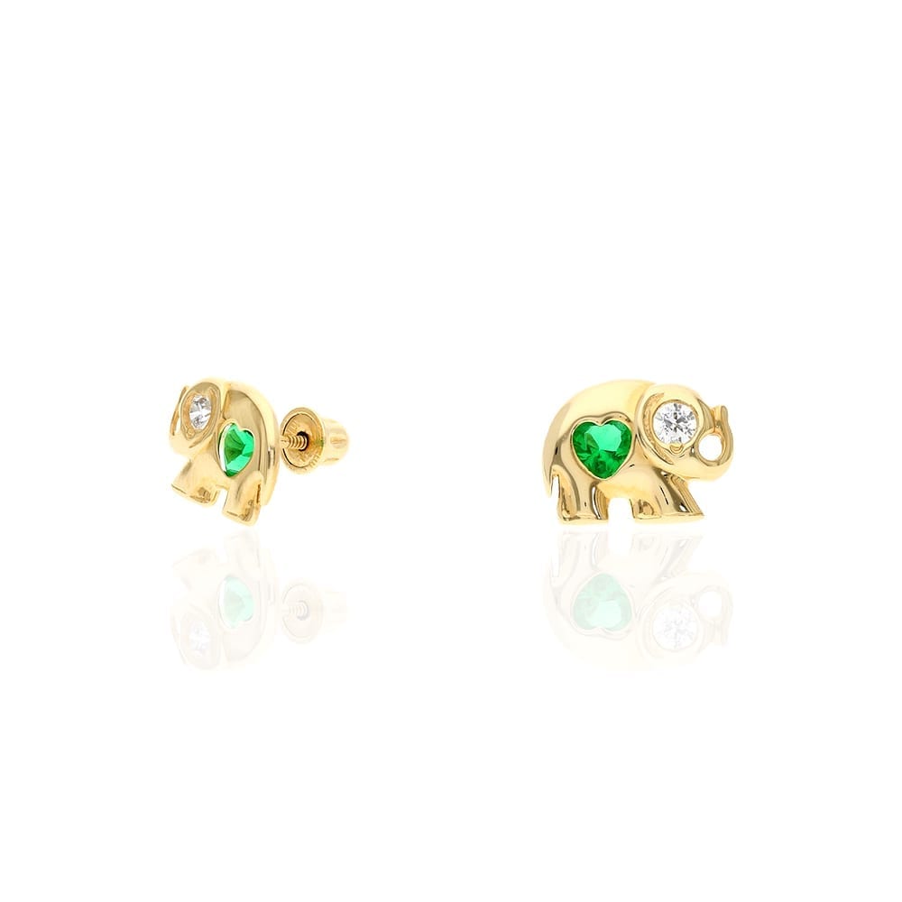 14k Yellow Gold Heart Birthstone Elephant Screw Back Stud Earrings