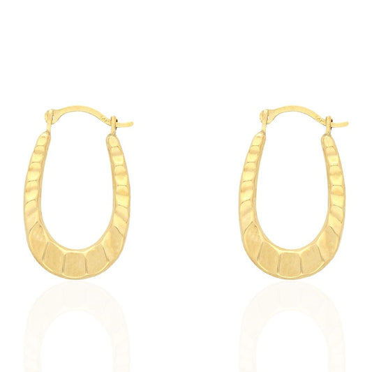 14k Yellow Gold Textured Oval Creole Hoop Earrings 0.79"