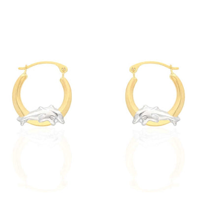 14k Yellow and White Gold Two-Tone Dolphin Hoop Earrings