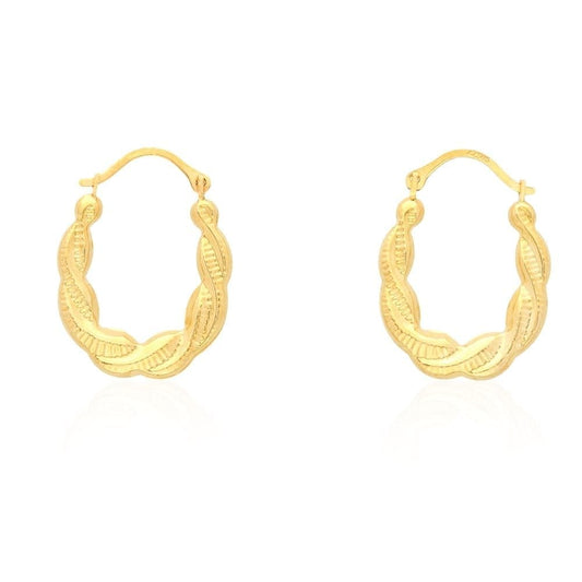 14k Yellow Gold Twisted Textured Rope Oval Creole Hoop Earrings
