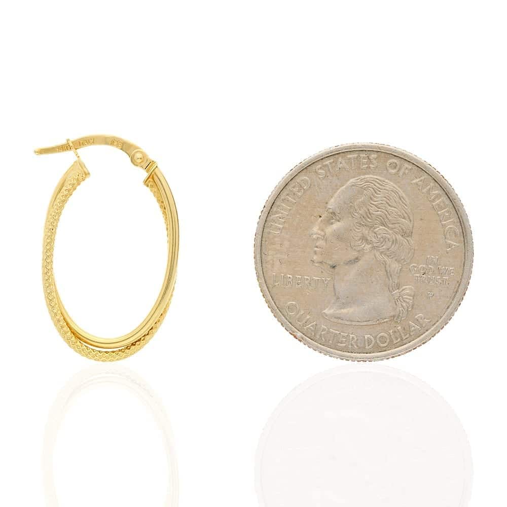 14k Yellow Gold Textured Double Oval Creole Hoop Earrings