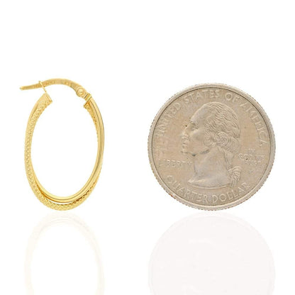 14k Yellow Gold Textured Double Oval Creole Hoop Earrings