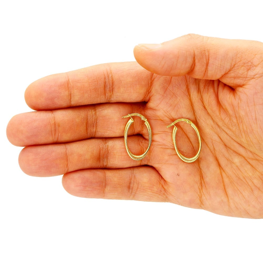 14k Yellow Gold Textured Double Oval Creole Hoop Earrings