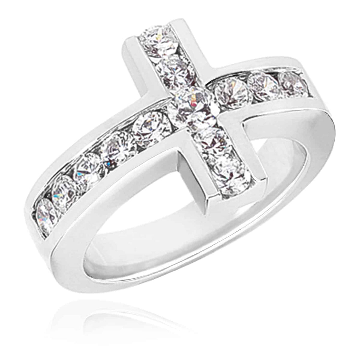 1CTW Natural Diamond 14K Solid Real Gold White Sideways Modern Cross Ring