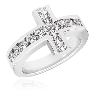 1CTW Natural Diamond 14K Solid Real Gold White Sideways Modern Cross Ring