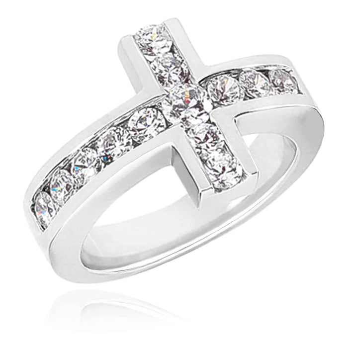 1CTW Natural Diamond 14K Solid Real Gold White Sideways Modern Cross Ring