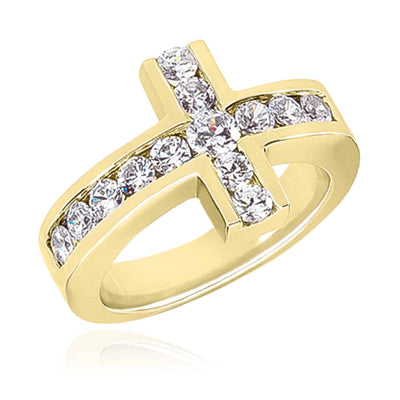 1CTW Natural Diamond Solid 14K Yellow Gold Sideways Modern Cross Ring