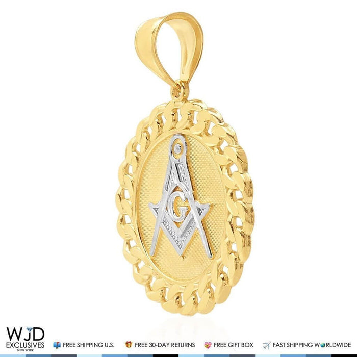 14K Yellow White Gold Freemasonry Square Compass Round Pendant 1.5"