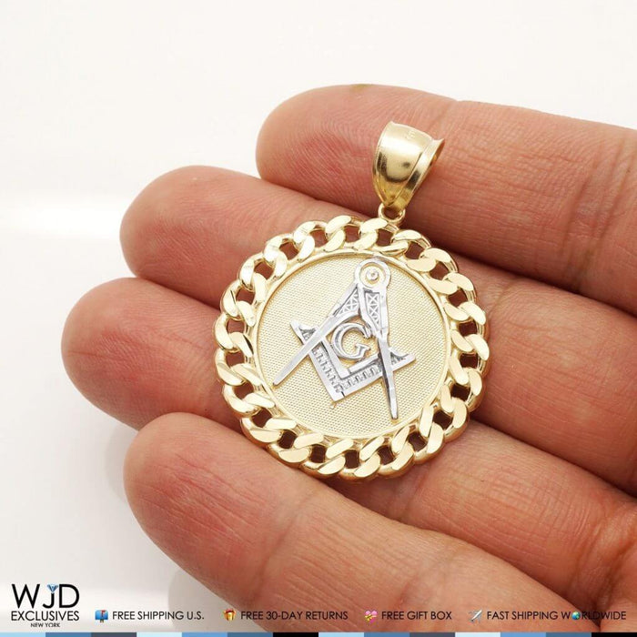 14K Yellow White Gold Freemasonry Square Compass Round Pendant 1.5"