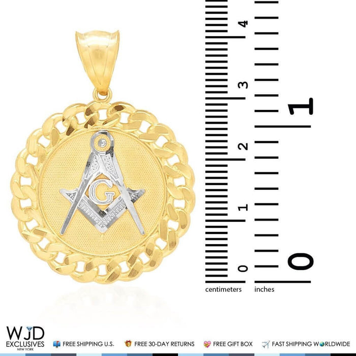 14K Yellow White Gold Freemasonry Square Compass Round Pendant 1.5"