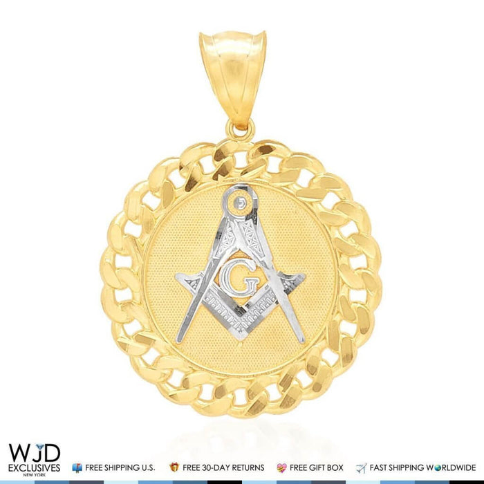 14K Yellow White Gold Freemasonry Square Compass Round Pendant 1.5"