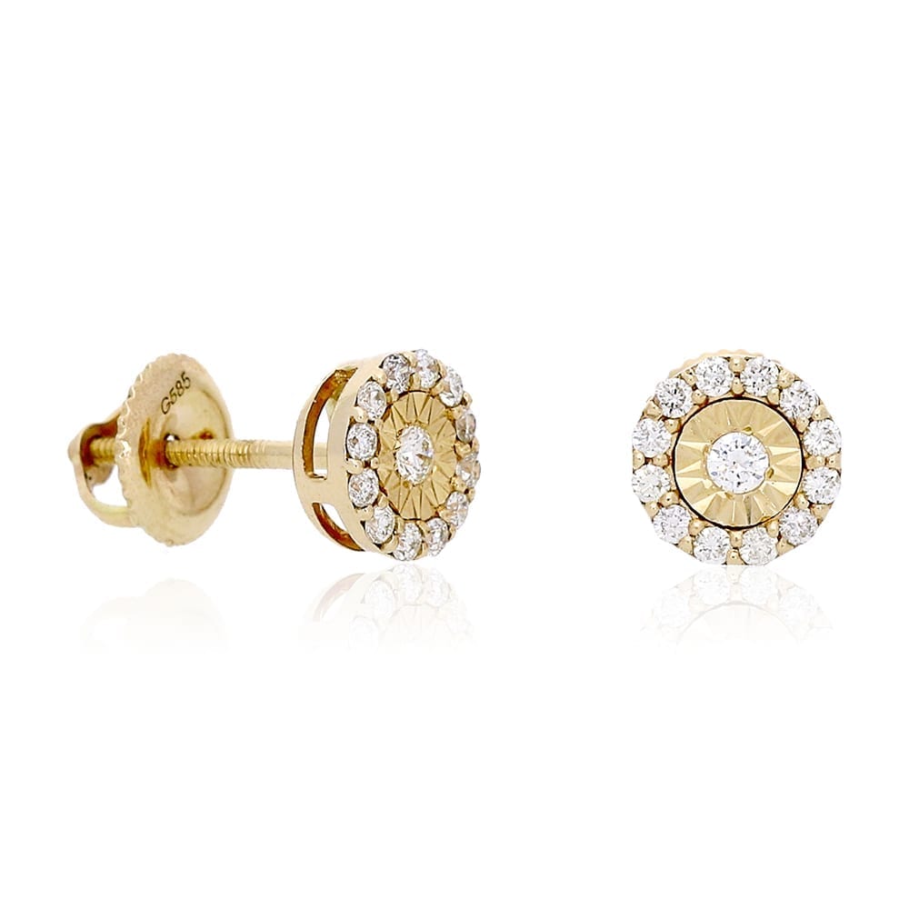 0.50Ct Real Diamond 14k Yellow Gold Halo Screw Back Stud Earrings 7mm