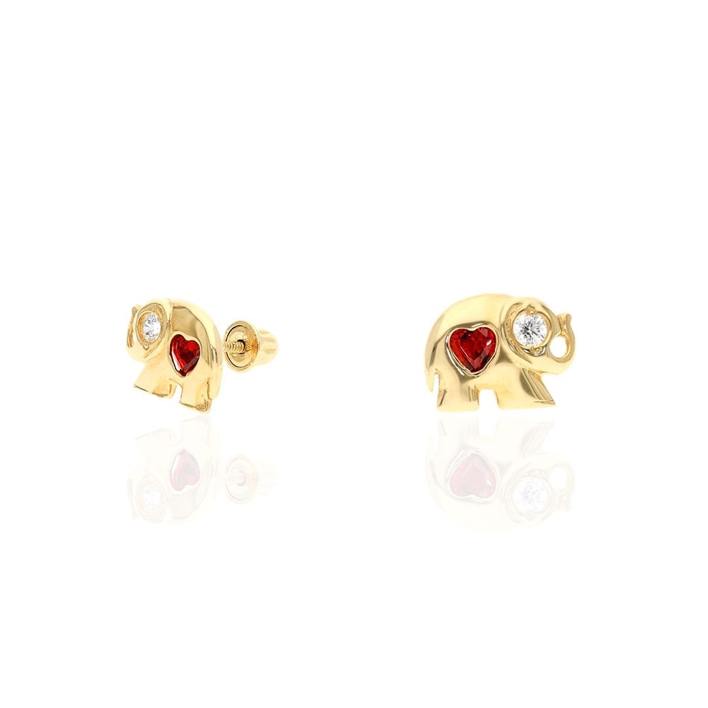 14k Yellow Gold Heart Birthstone Elephant Screw Back Stud Earrings