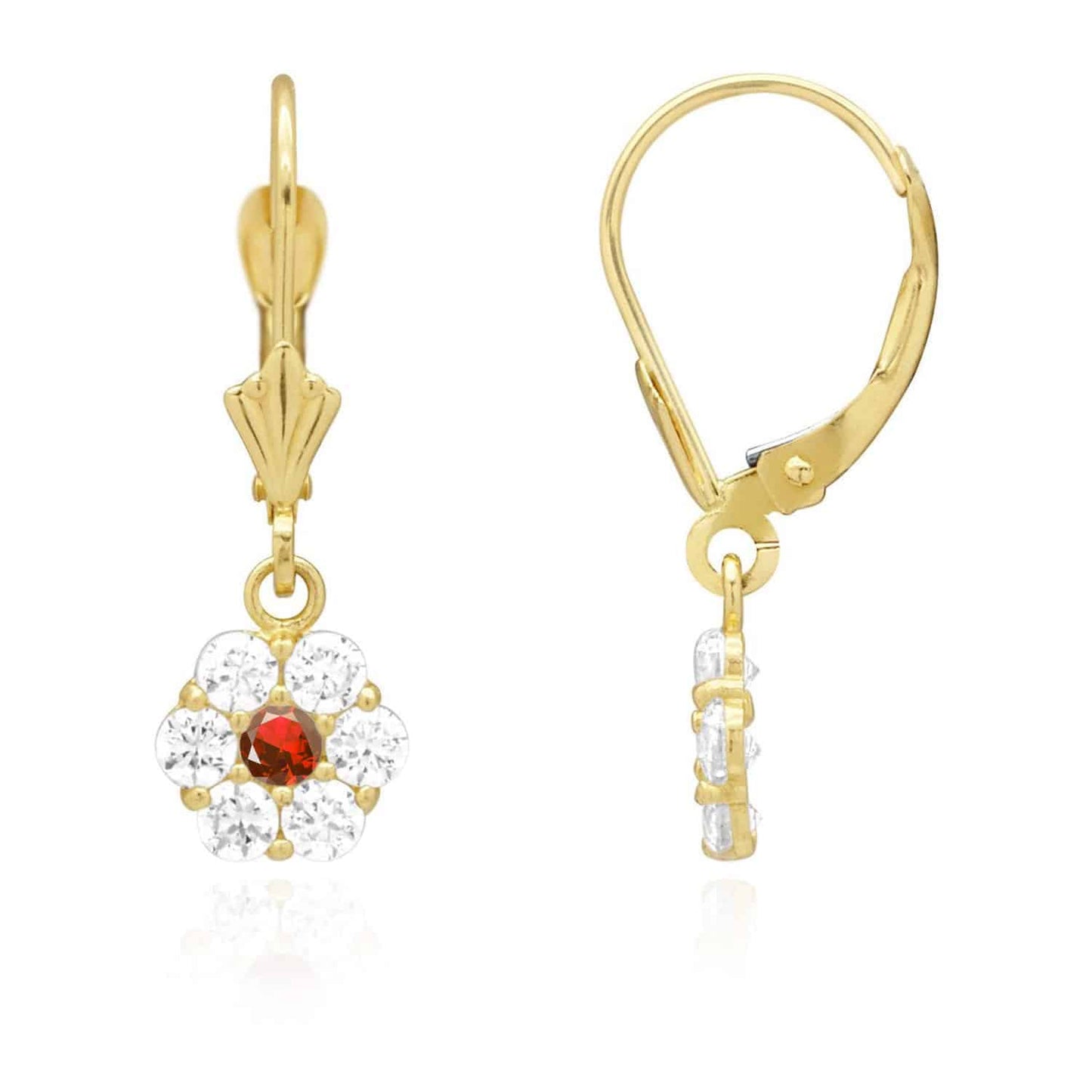 CZ Birthstone Flower  Leverback Earrings 14k Yellow Gold
