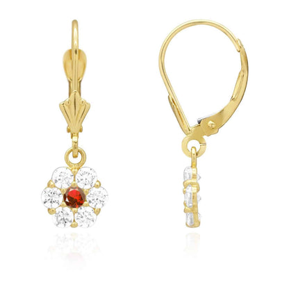 CZ Birthstone Flower  Leverback Earrings 14k Yellow Gold
