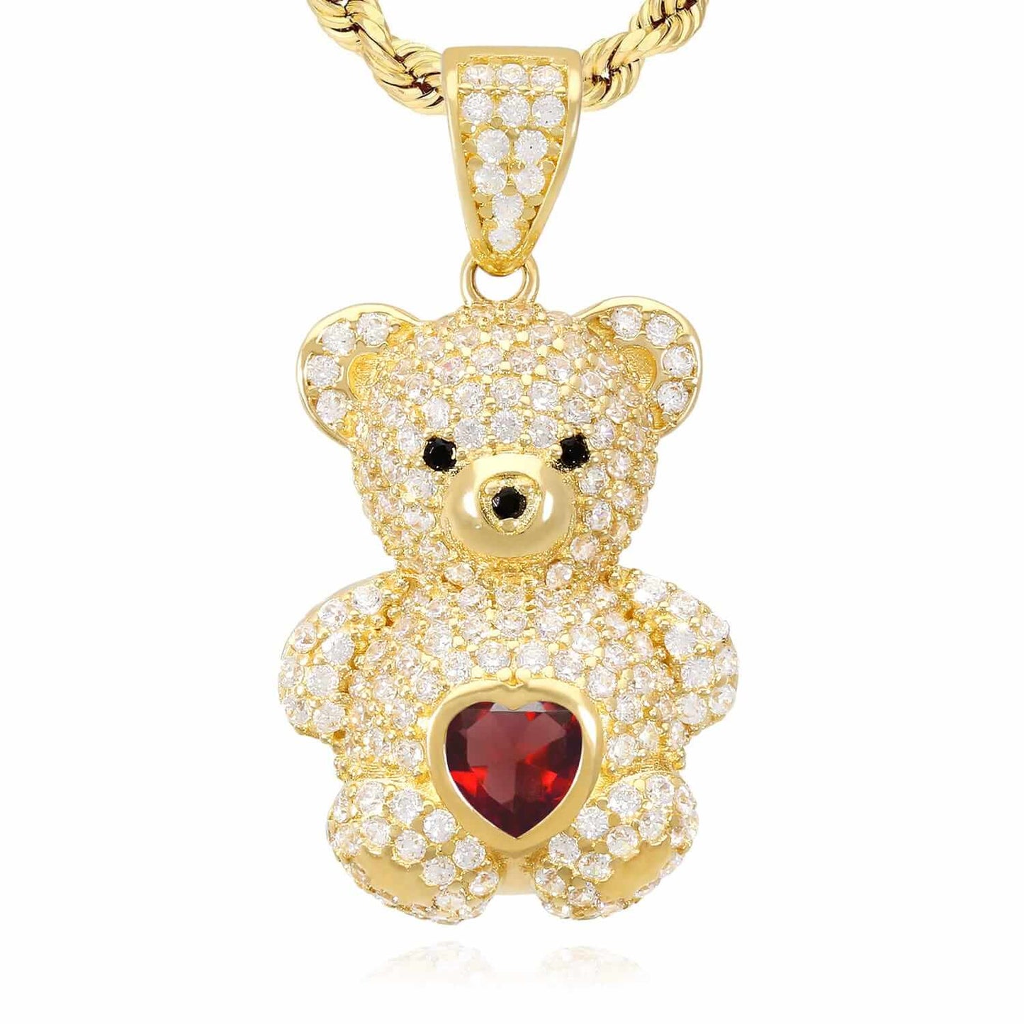 14K Gold CZ Color Birthstone Puffed Teddy Bear Charm Pendant 1.2"