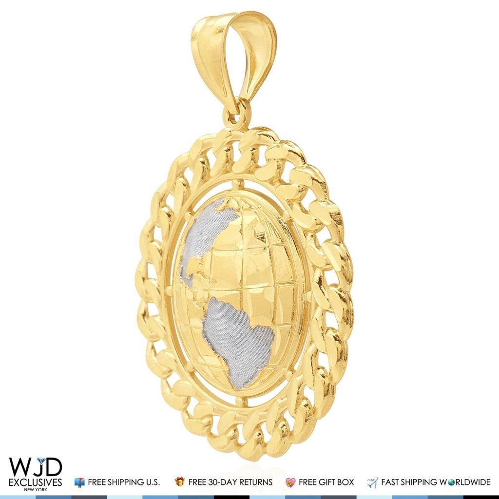 14K Solid Yellow & White Gold Golden Globe Circle Round Pendant 2"