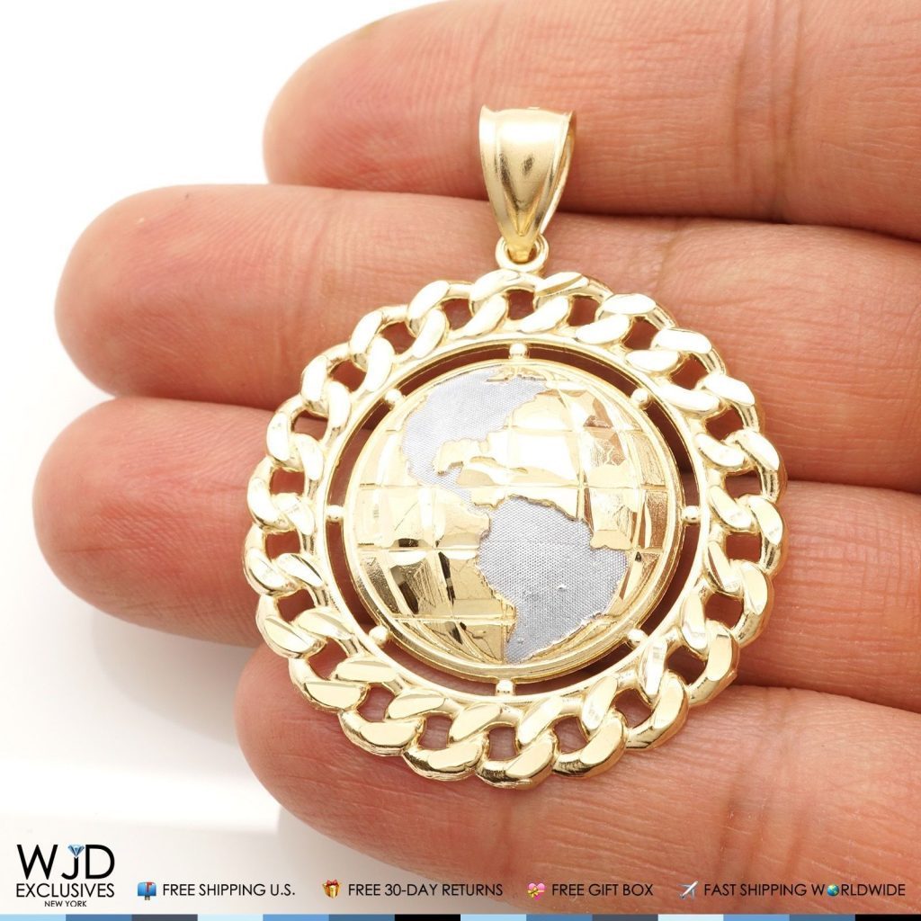 14K Solid Yellow & White Gold Golden Globe Circle Round Pendant 2"
