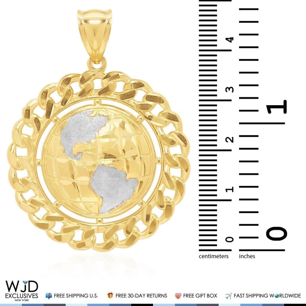 14K Solid Yellow & White Gold Golden Globe Circle Round Pendant 2"