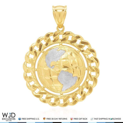 14K Solid Yellow & White Gold Golden Globe Circle Round Pendant 2"