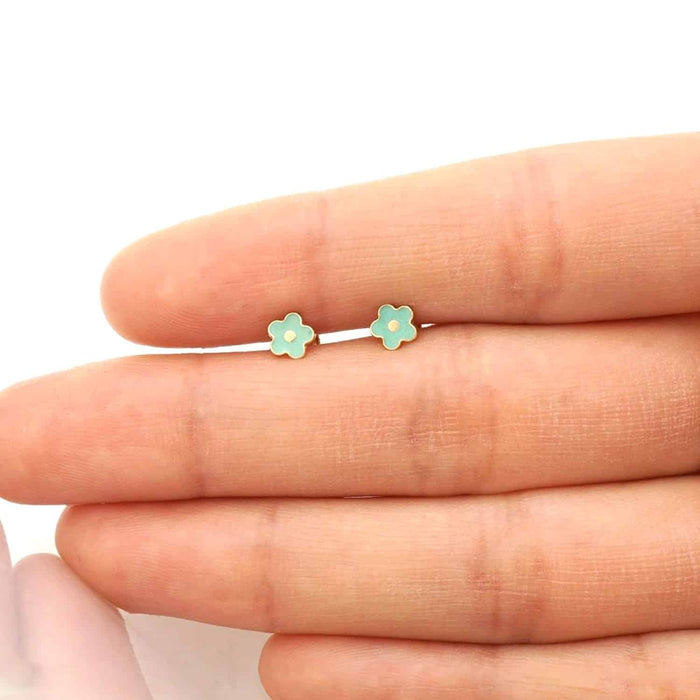 Kids 14K Gold Pink Blue Green Red White Purple Yellow Enamel Flower Earrings 7mm