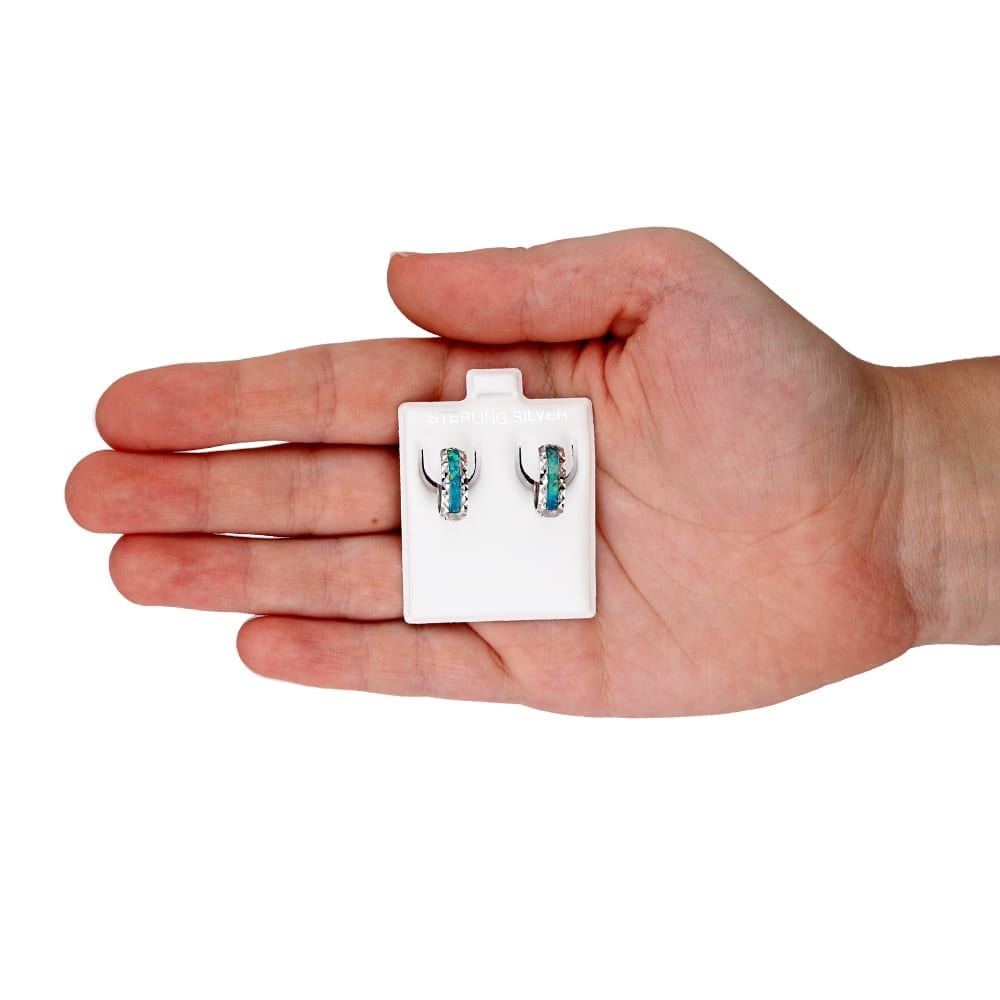 925 Sterling Silver Diamond Cut Fire Opal Huggie Hoop Earrings 0.55"