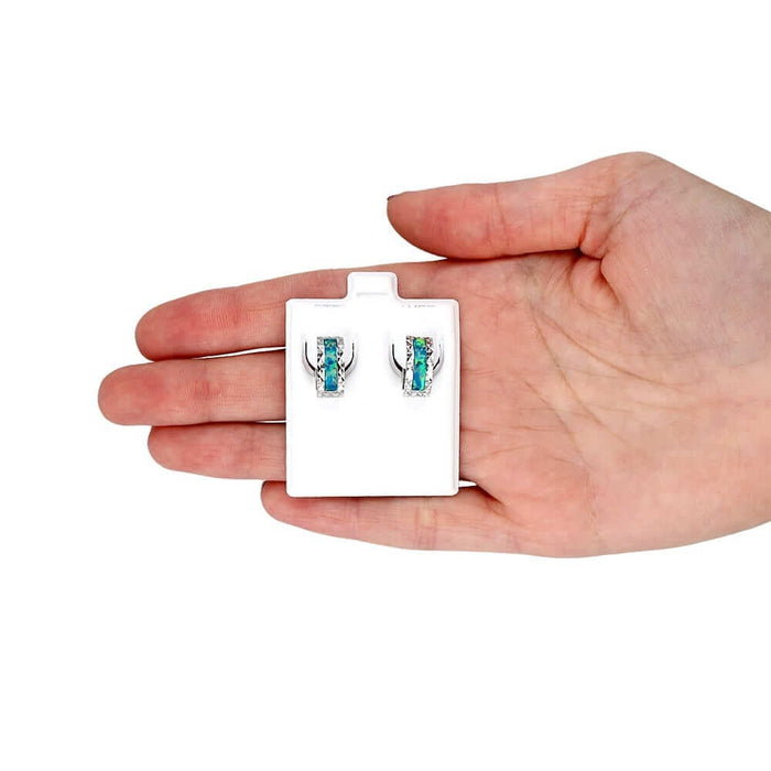 14k White Gold Diamond-Cut Fire Opal Huggie Hoop Earrings 0.5"