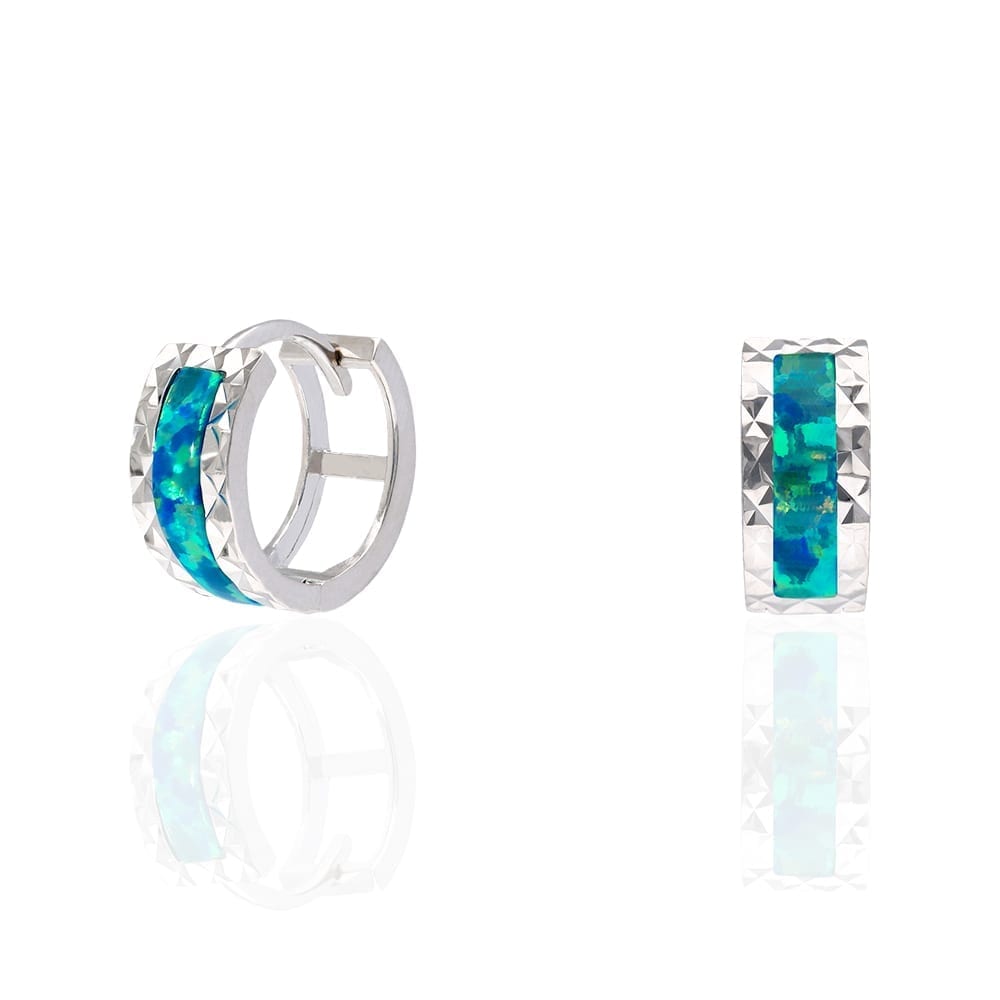 14k White Gold Diamond Cut Fire Opal Huggie Hoop Earrings 0.5"
