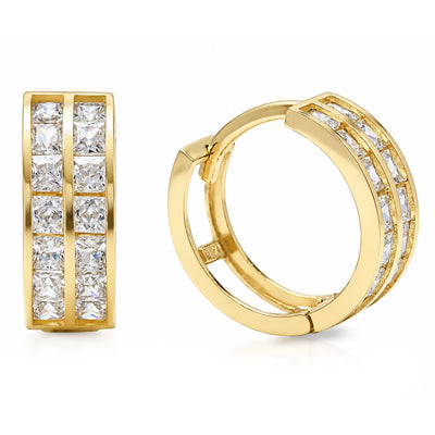 1.4Ct CZ 14K Yellow Gold 2-Row 0.5" Channel Huggie Hoop Earrings