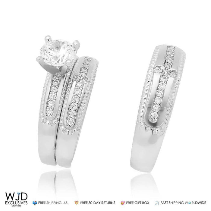1.60CTW CZ 14K Gold White 3-Piece His Hers Bridal Ring Set