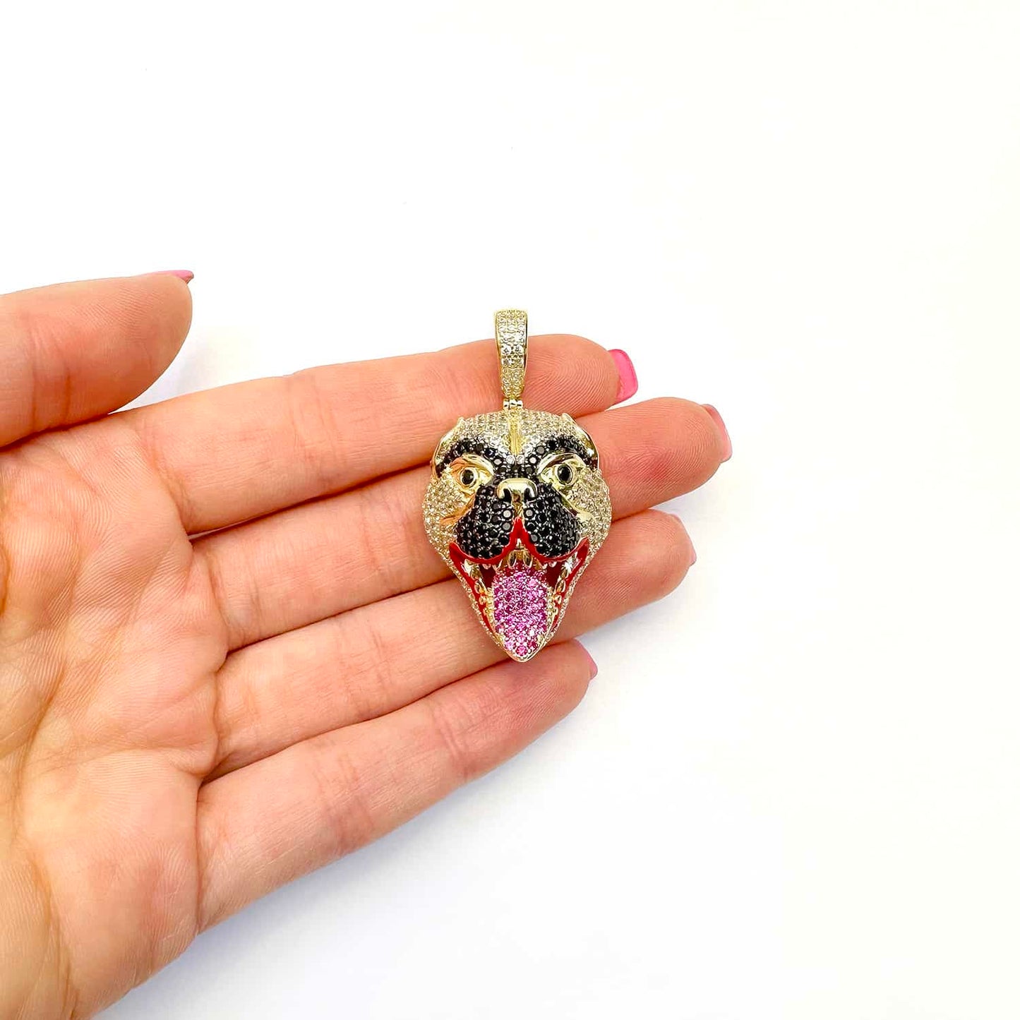 14K Yellow Gold CZ Pave Mad Dog Face Hip Hop Charm Pendant 1.8"