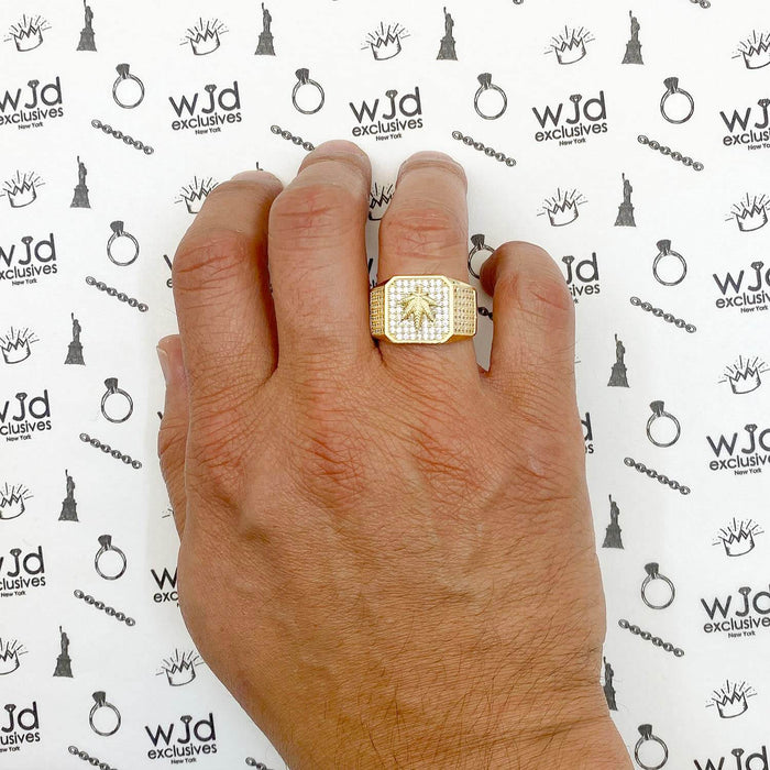 14K Yellow Gold CZ Pave Marijuana Cannabis Leaf Signet Ring