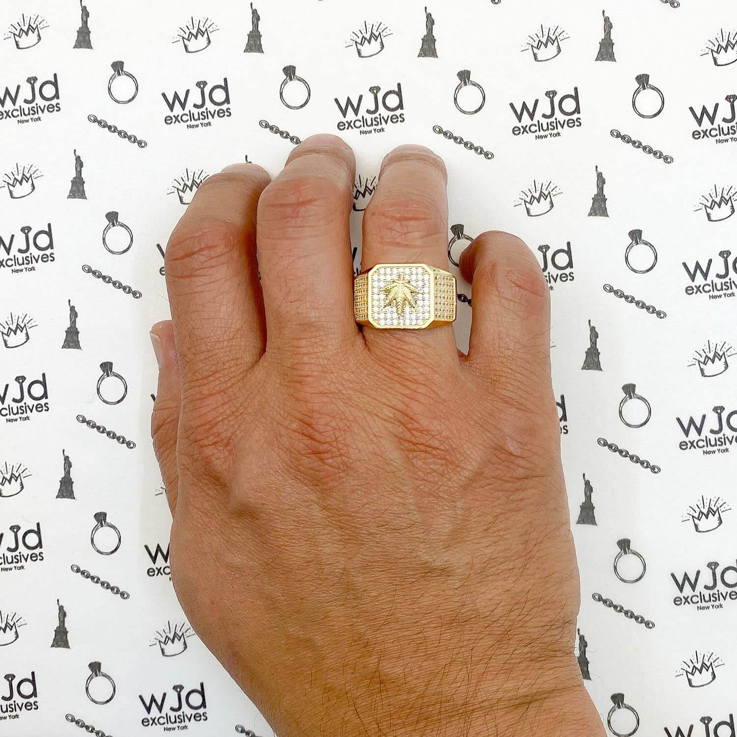 10K Yellow Gold CZ Pave Marijuana Cannabis Leaf Signet Ring