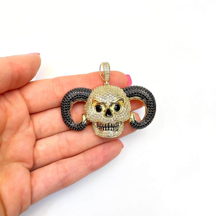 14K Yellow Gold CZ Pave Horned Ram Skull Pendant 1.7" - WJD Exclusives