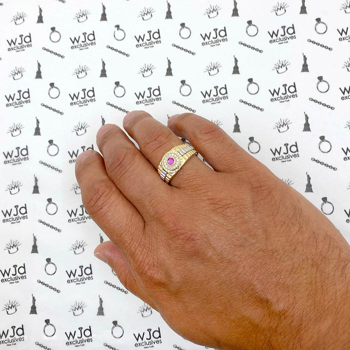 14K Gold Red Ruby CZ Jubilee Signet Ring