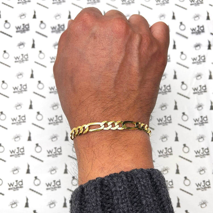 14K Yellow Gold Over Silver 7.3mm Figaro Bracelet (Solid Links) 7"-9"
